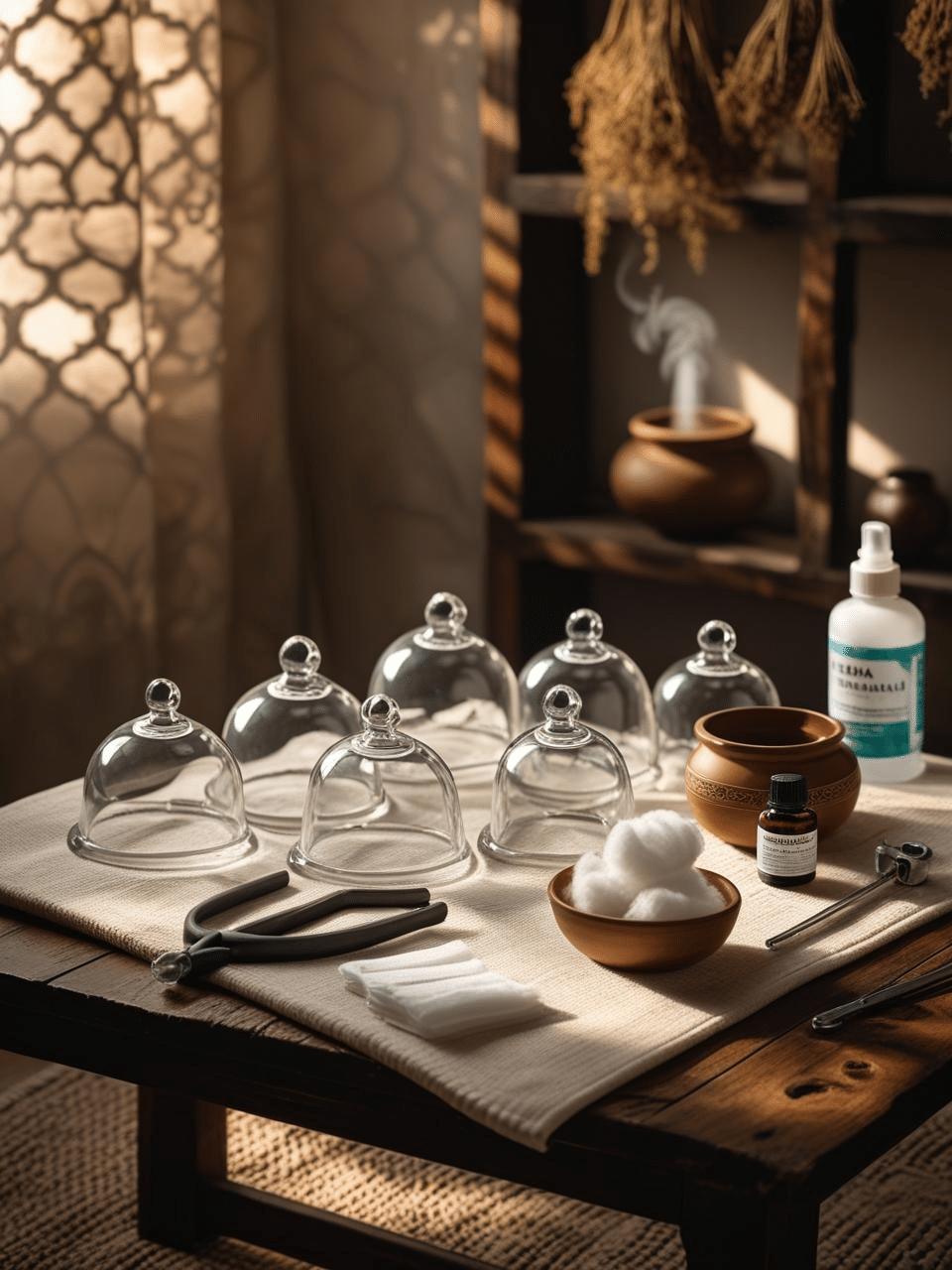TibNature services A serene tabletop scene showcasing traditional hijama cupping therapy tools