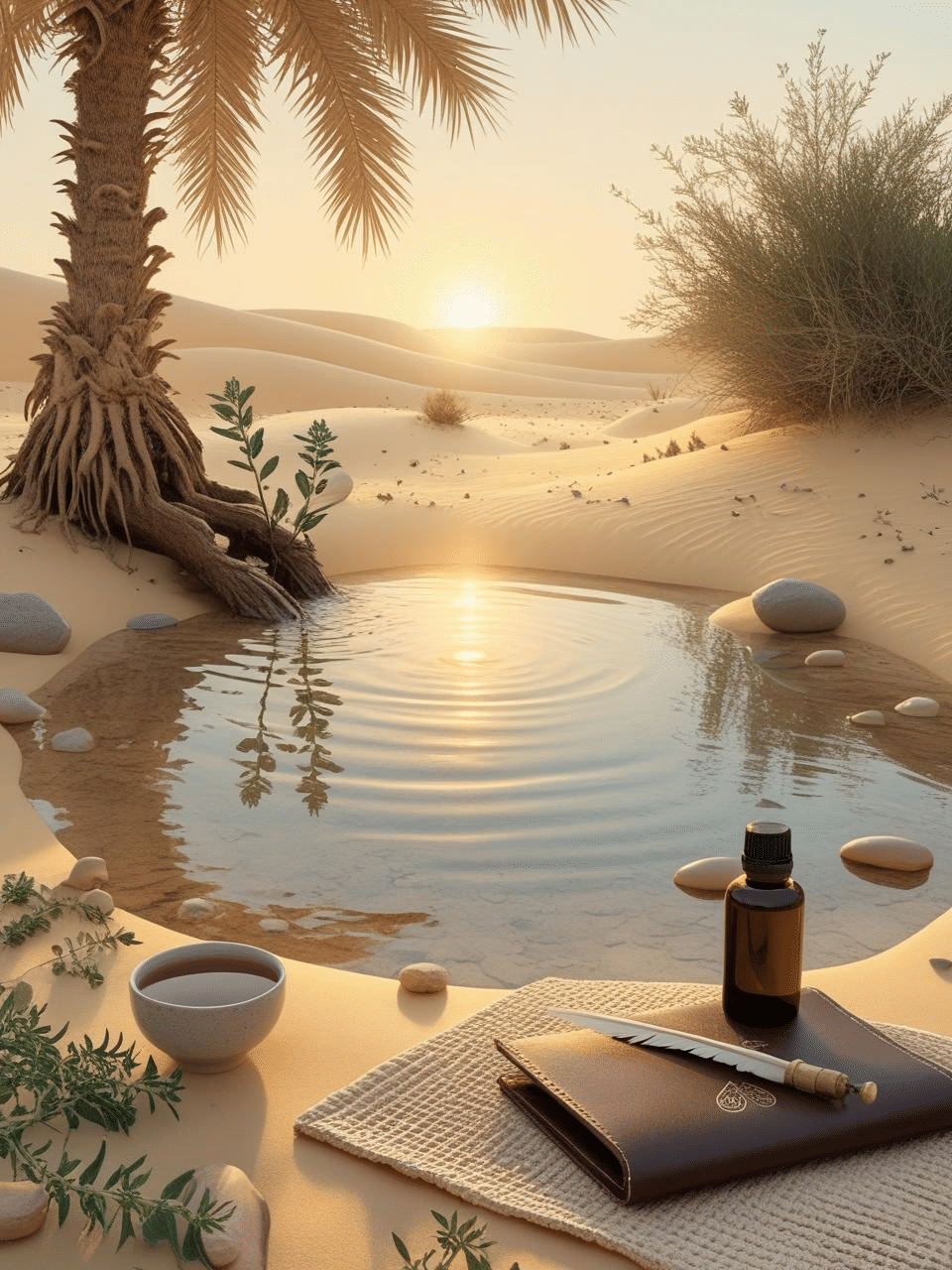 Tibnature about A peaceful desert oasis at sunrise, with a lone ancient palm tree
