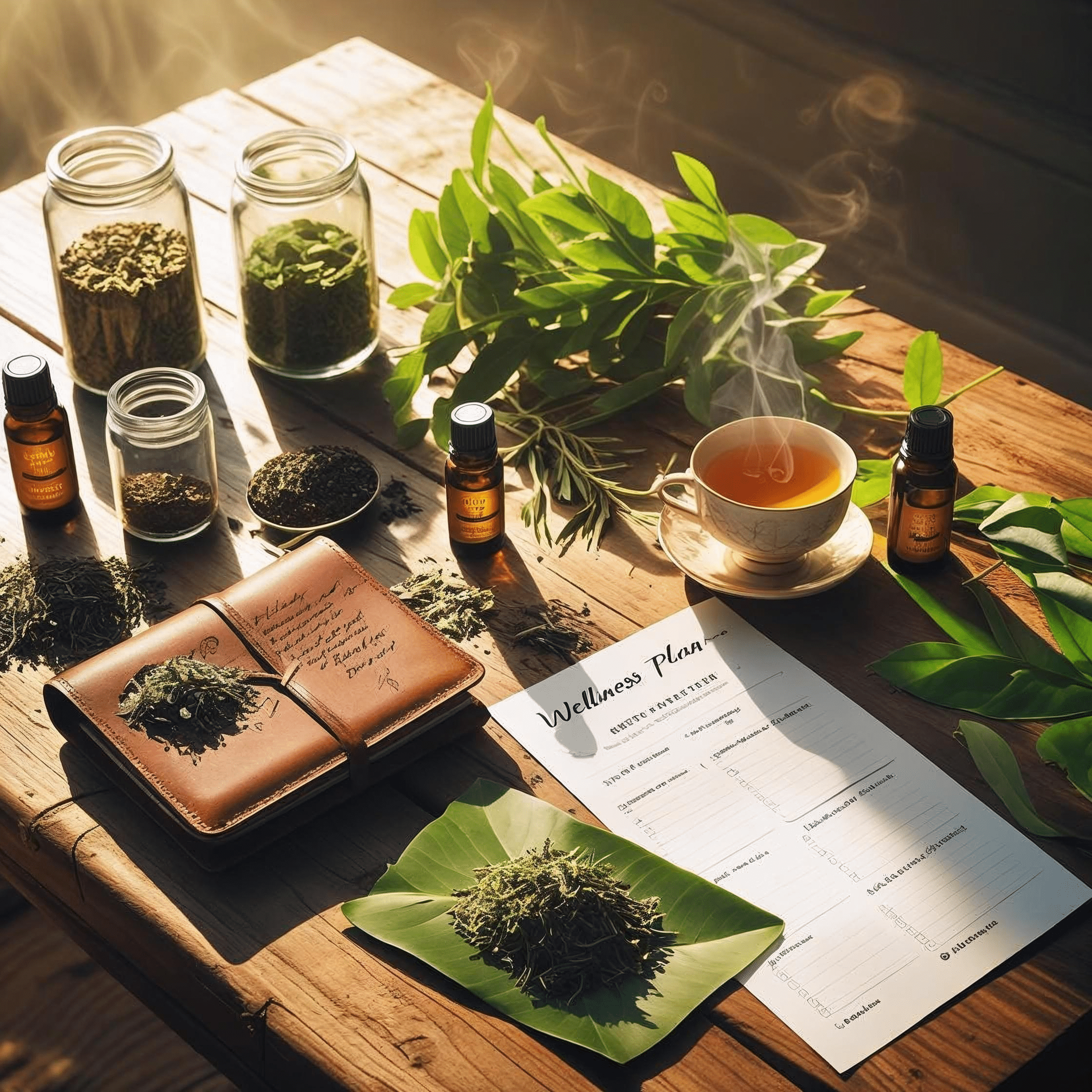 tibnature home image naturopathe Flat lay of naturopathic essentials on a rustic wooden table