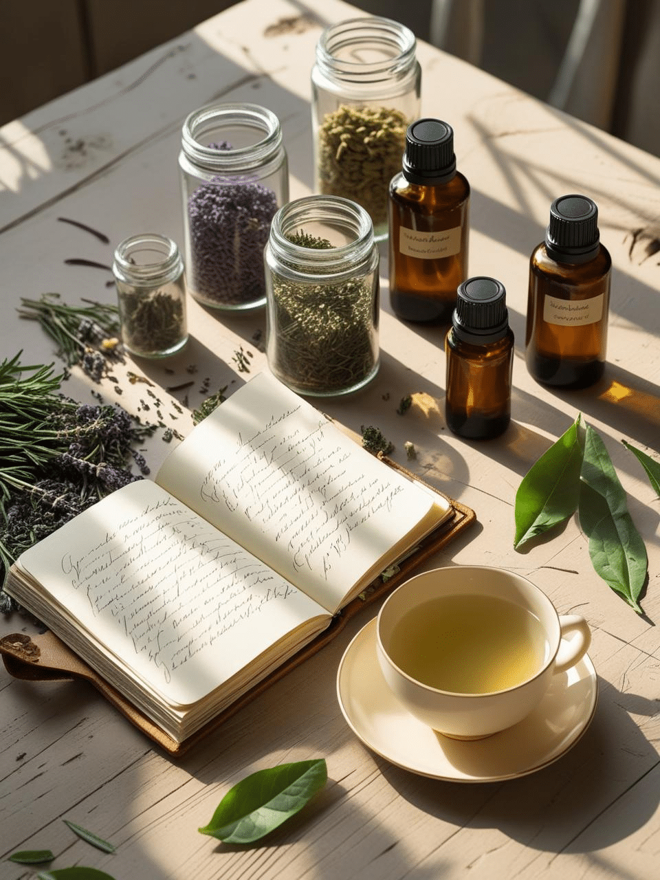 tibnature service Flat lay of naturopathic essentials on a rustic wooden table
