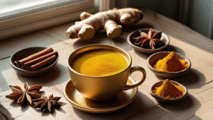 Post tibnature Lait d'or main picture A warm, herbal-style wellness scene with a golden cup of turmeric milk (Golden Milk) placed on a wooden table.