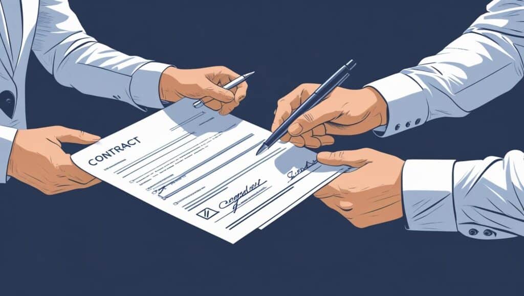 Tibnatrure CGU-CGV A modern illustration of two hands exchanging a signed contract, with icons representing general terms