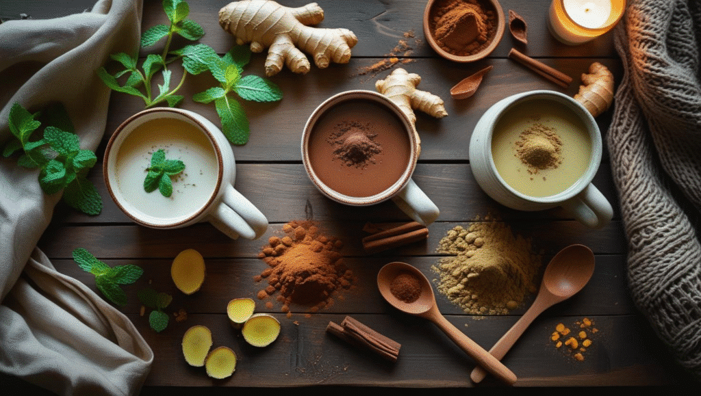 Tibnatrure article lait d'or A flat lay photograph of three ceramic mugs filled with different golden milk variations, placed side by side on a rustic wooden table.