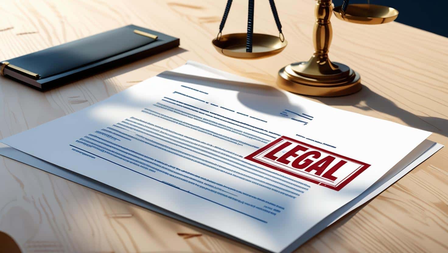 Tibnatrure mention legales A clean illustration of an official legal document placed on a light wooden desk