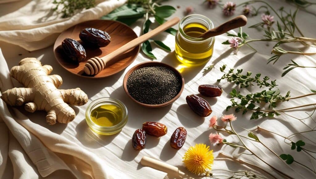 A beautifully arranged flat lay of natural healing foods from Prophetic medicine