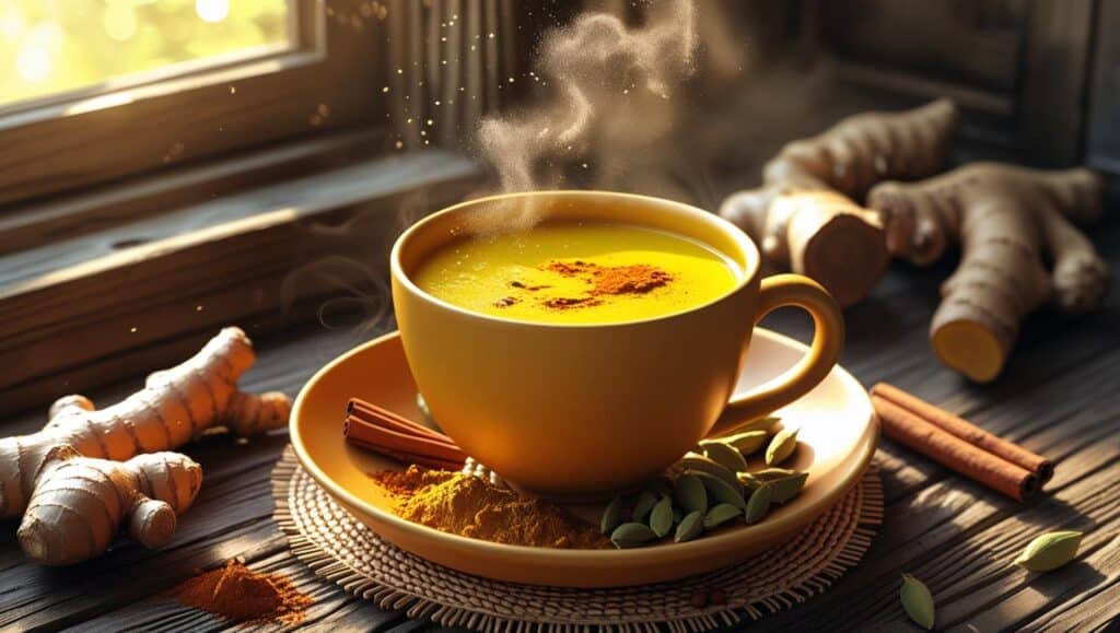 Tibnature article image A warm, herbal-style wellness scene with a golden cup of turmeric milk (Golden Milk)